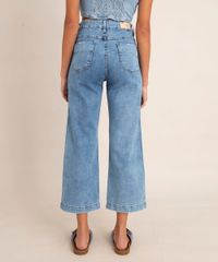 Calça Wide Leg Jeans Cropped Sawary Cintura Alta  Azul Médio costas