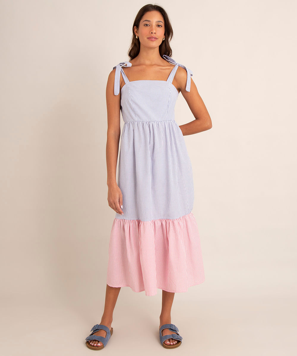 vestido midi bicolor de tricoline listrado alça grossa para amarração multicor