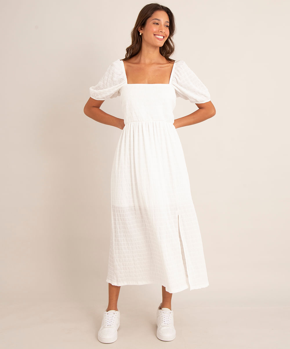 vestido midi de lastex manga bufante com fenda off white