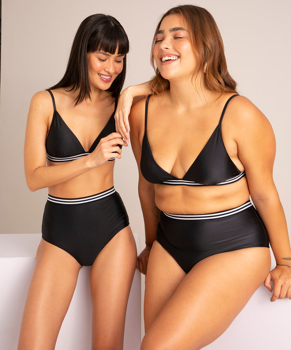 biquíni tanga hot pant elástico listrado com proteção uv50+ preta