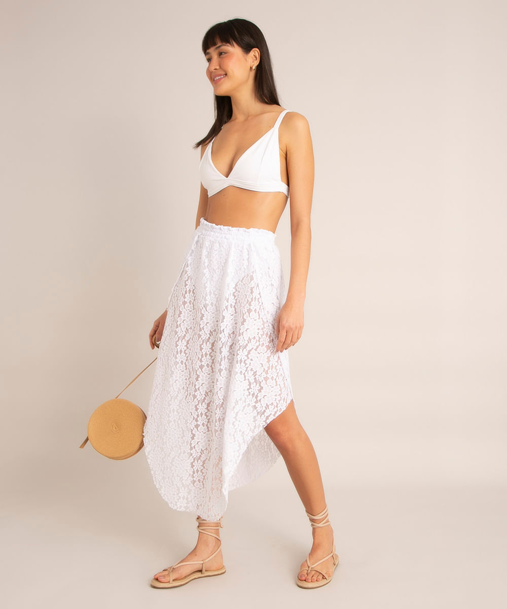 saia midi de renda com fendas e forro hot pant off white