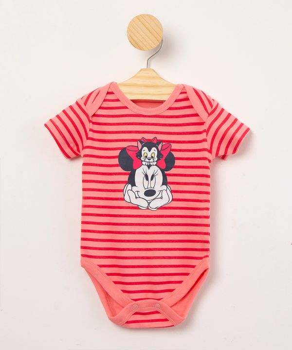 body infantil de algodão listrado manga curta estampado minnie rosa 0-3