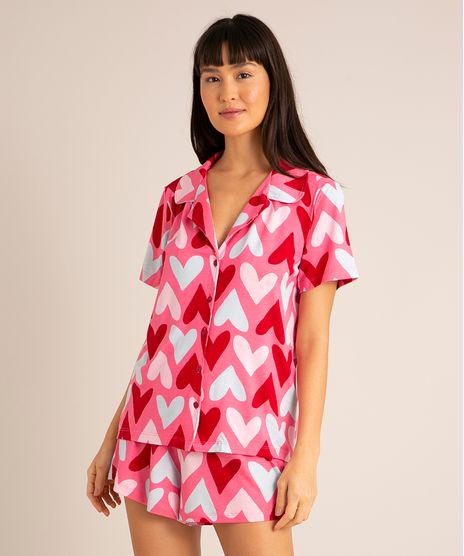 Pijama Americano Manga Curta Estampado Corações Rosa