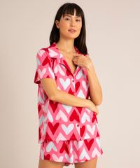 Pijama Americano Manga Curta Estampado Corações Rosa