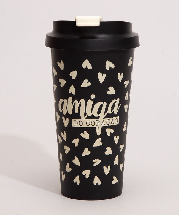 copo de viagem estampado corações "amiga do coração" 500 ml preto Único