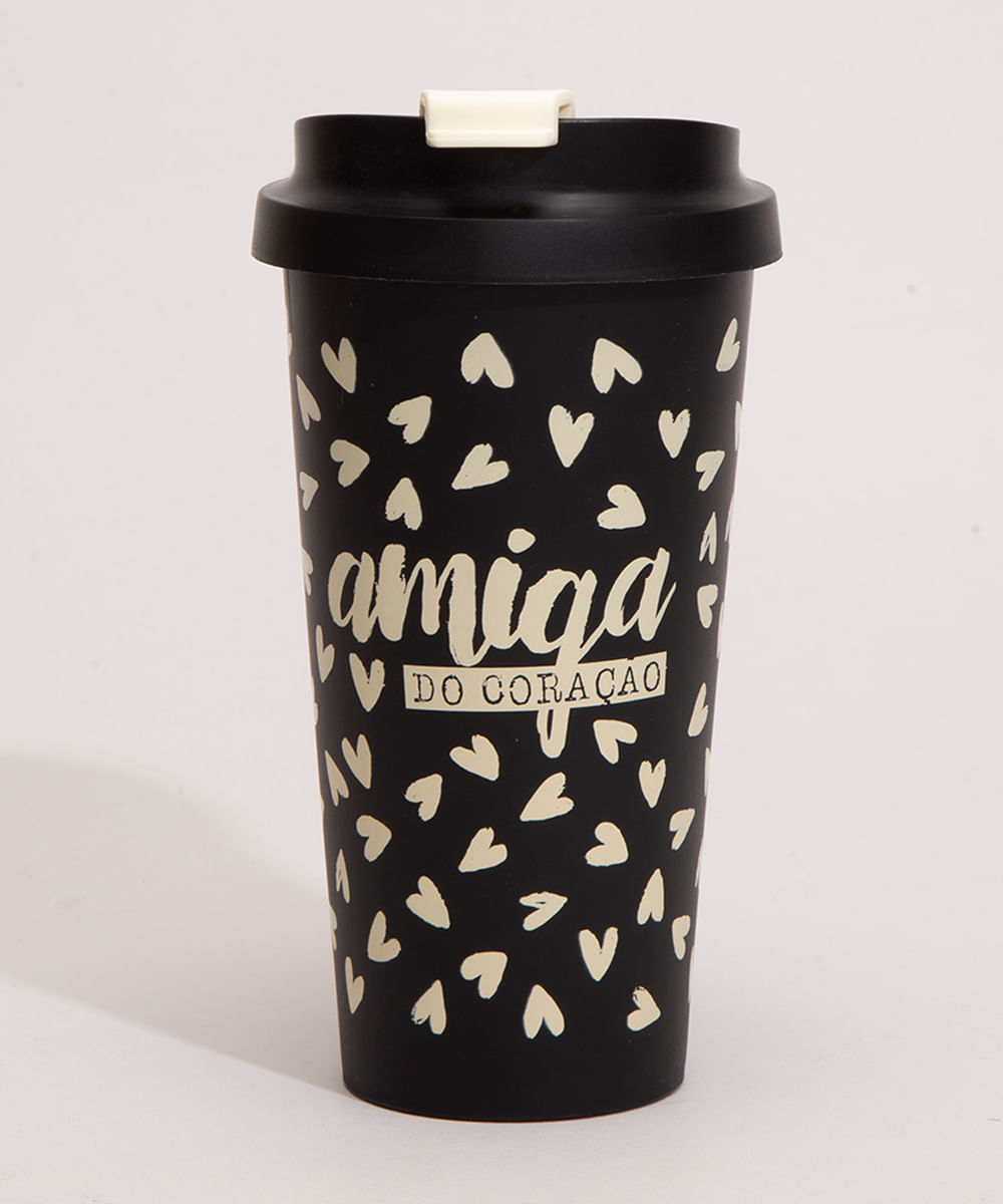 copo de viagem estampado corações "amiga do coração" 500 ml preto