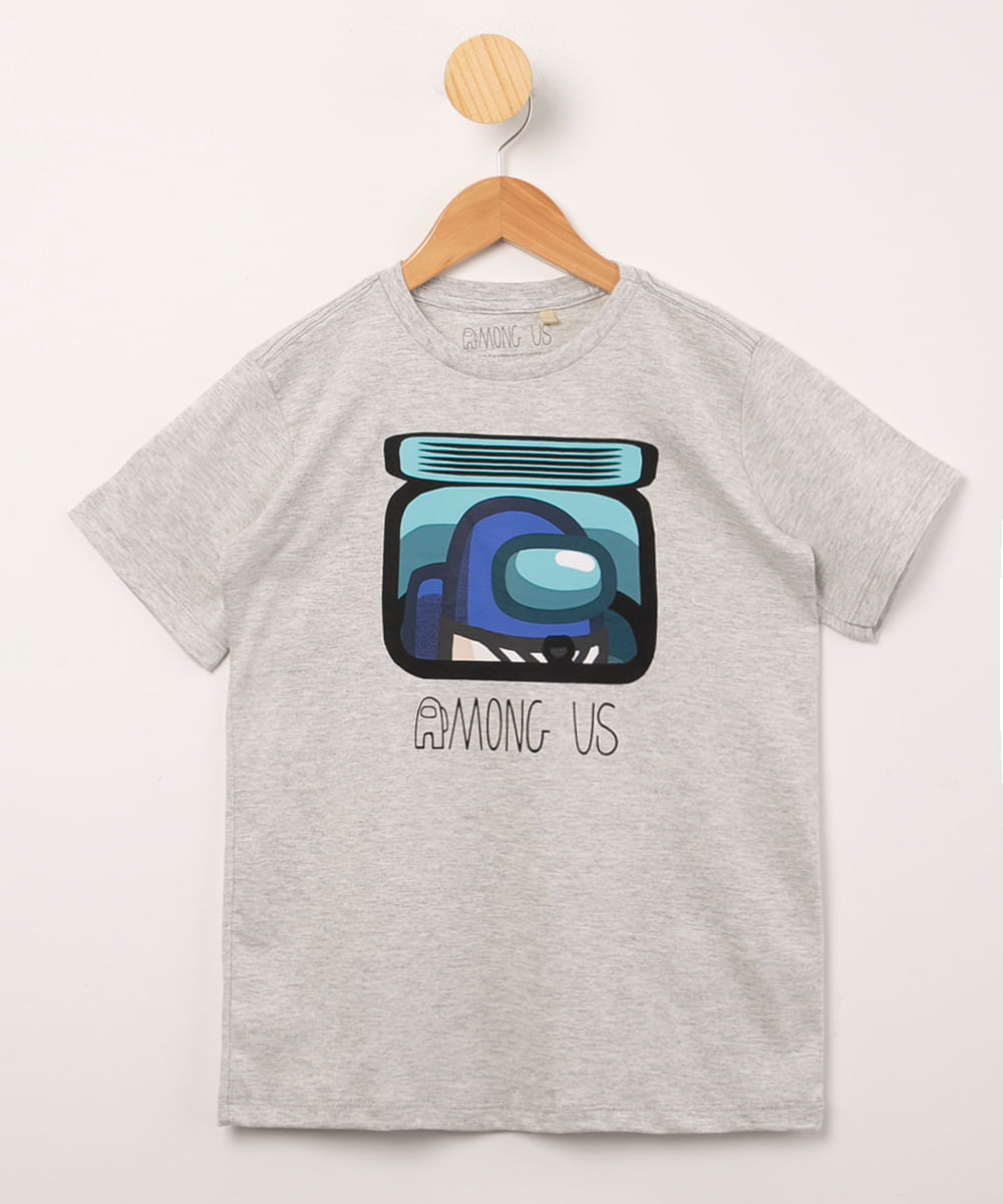 camisa infantil de algodão manga curta estampa among us cinza mescla claro