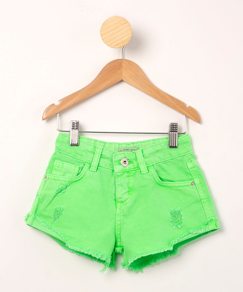 short infantil de sarja destroyed barra desfiada verde neon
