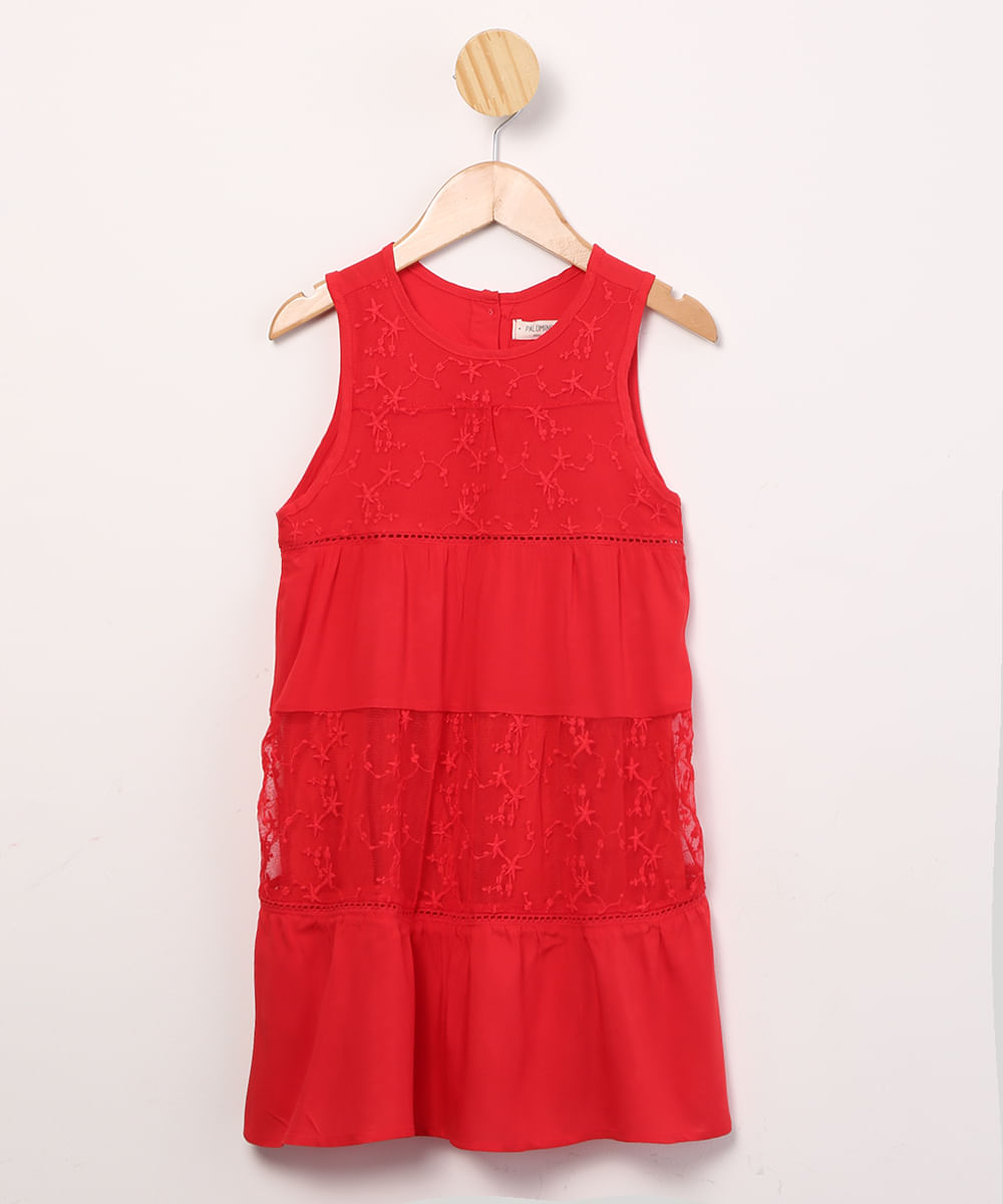 vestido infantil de viscose regata com renda vermelho