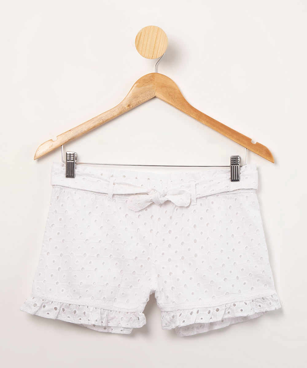 short infantil de laise com babados e amarração branco