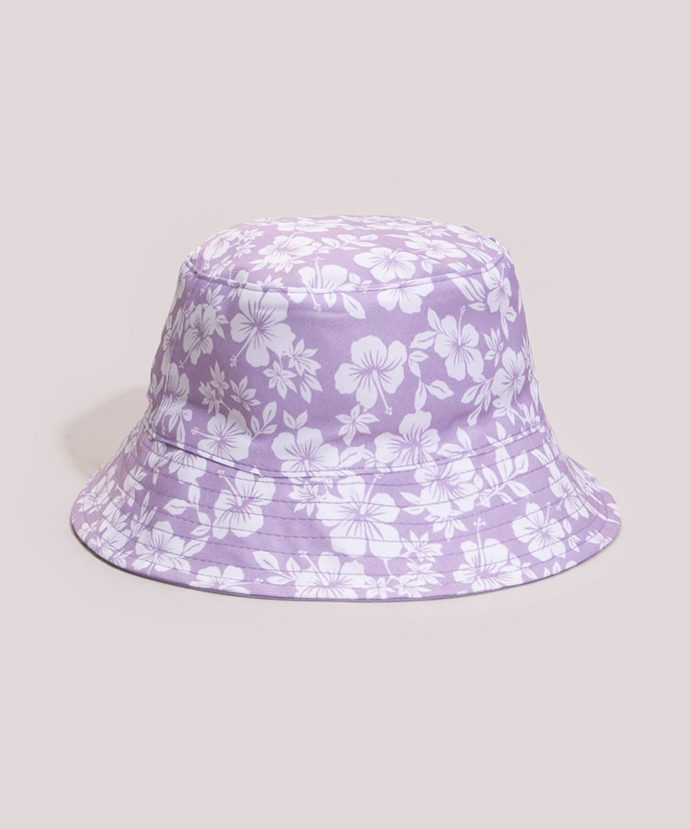 chapéu bucket hat dupla face estampa floral lilás