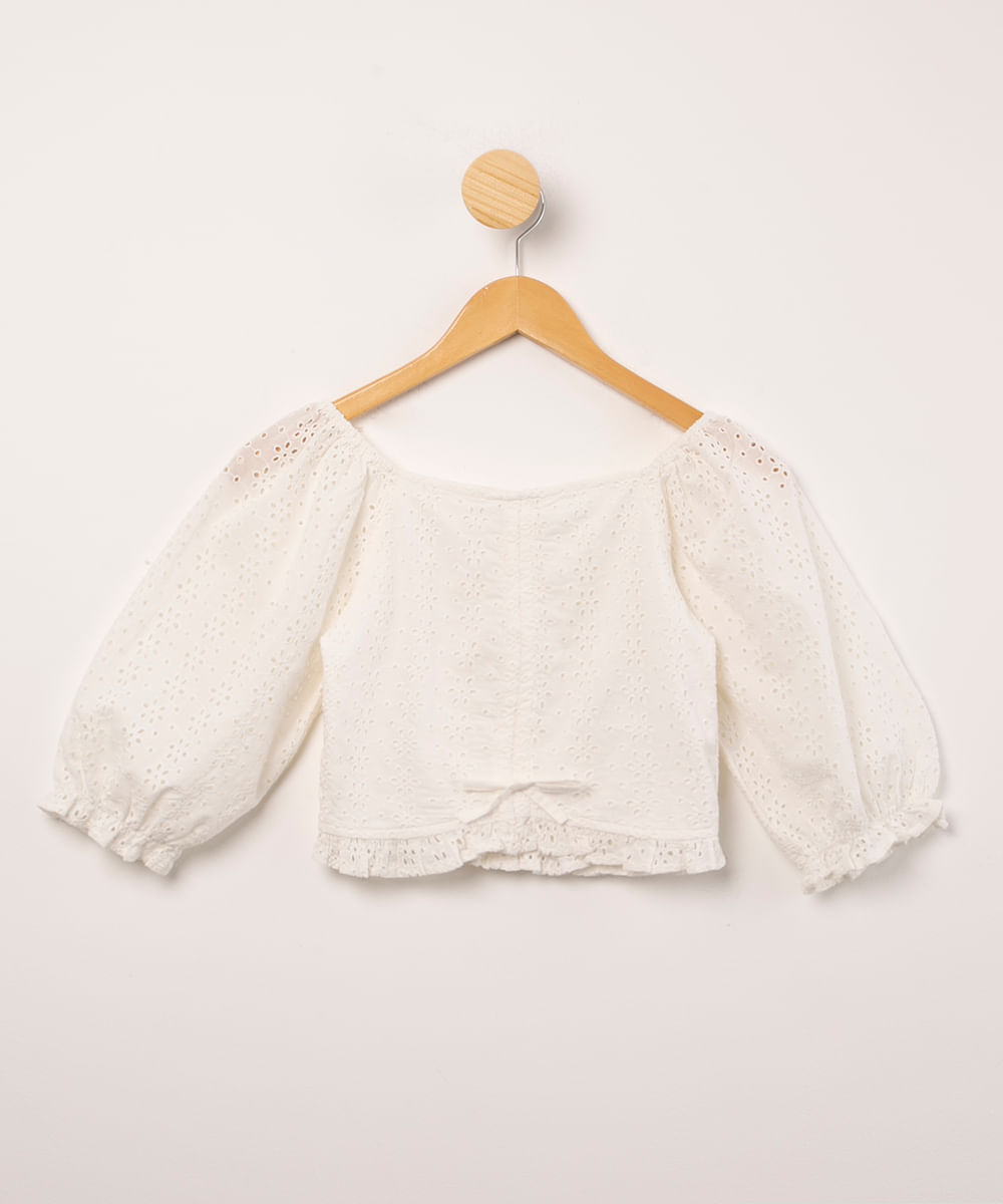 blusa juvenil cropped de laise com lastex e babados manga bufante off white