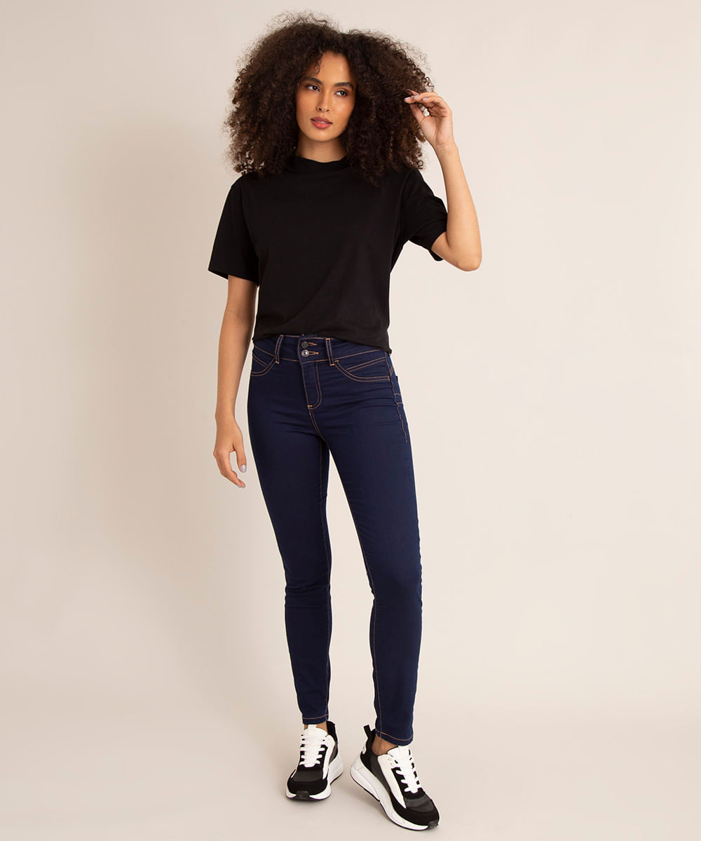 Calça Super Skinny Jeans Cintura Média Azul Escuro