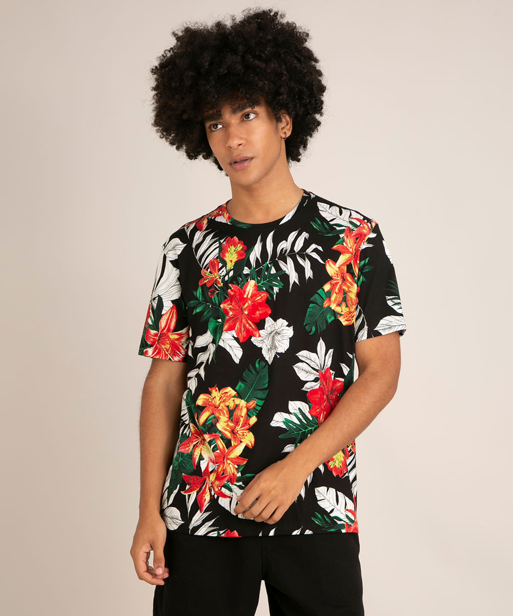 camiseta de algodão manga curta gola careca estampa floral preta