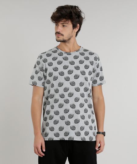 Camiseta-Masculina-Estampada-de-Folhas-Manga-Curta-Gola-Careca-Cinza-Mescla-9294434-Cinza_Mescla_1