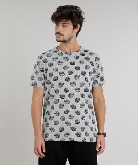 Camiseta-Masculina-Estampada-de-Folhas-Manga-Curta-Gola-Careca-Cinza-Mescla-9294434-Cinza_Mescla_1