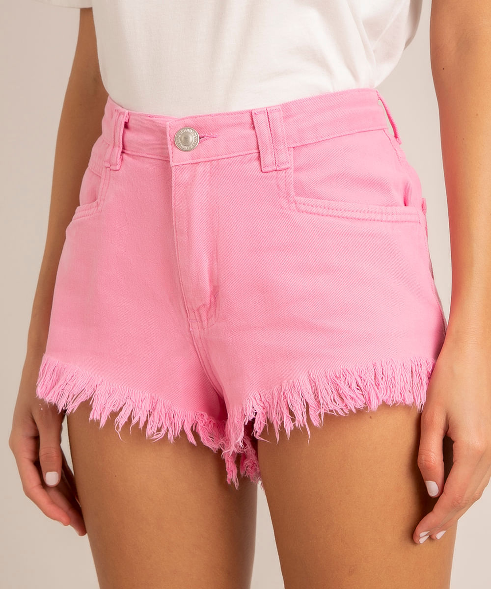 short de sarja cintura alta com barra desfiada rosa