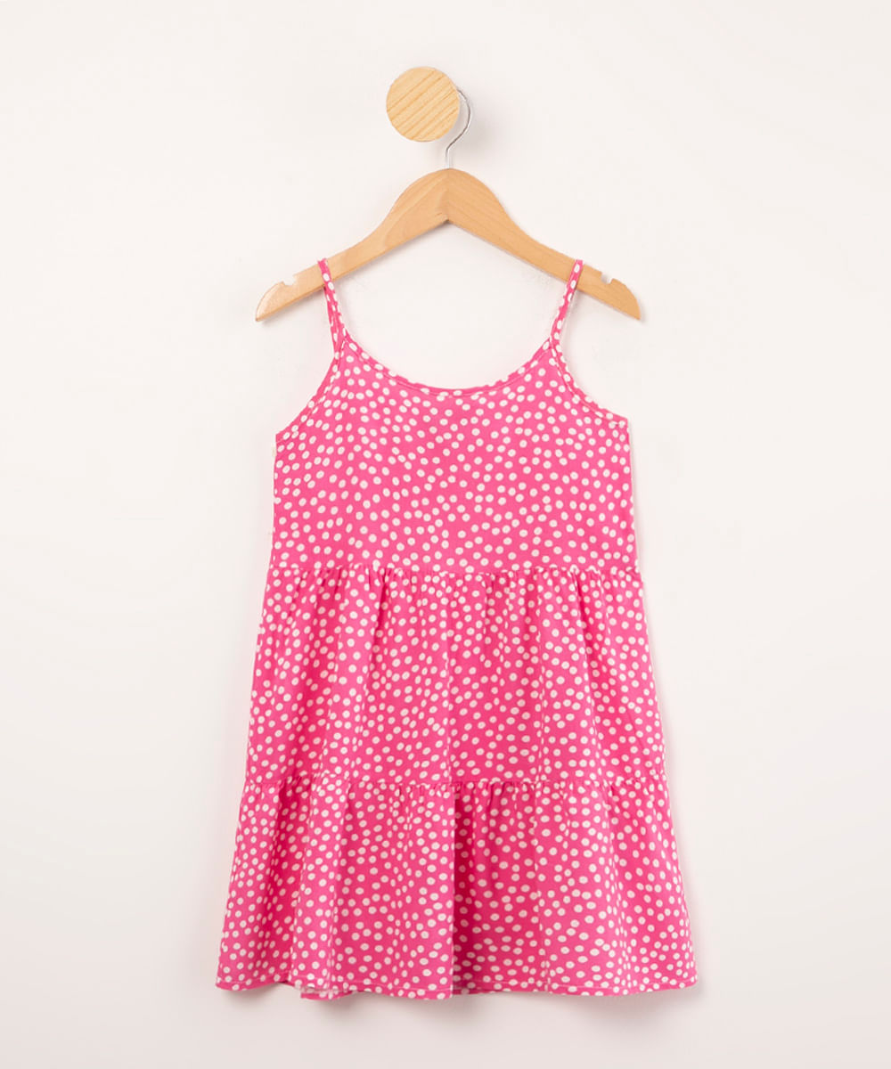 vestido infantil de viscose estampado poá alça fina rosa