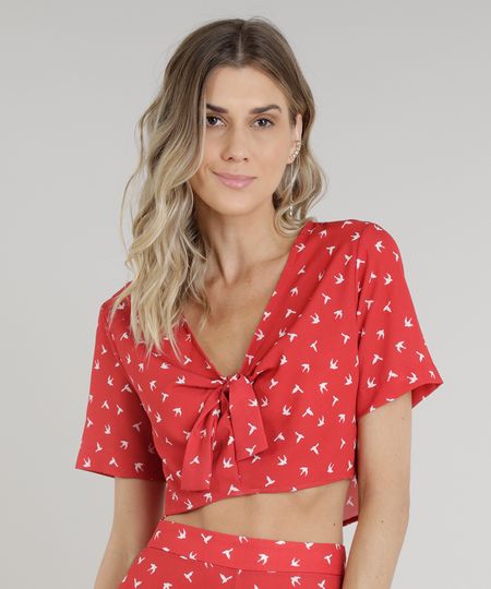 Blusa-Feminina-Cropped-Estampada-de-Passaros-com-No-Manga-Curta-Decote-V-Vermelha-9299246-Vermelho_1