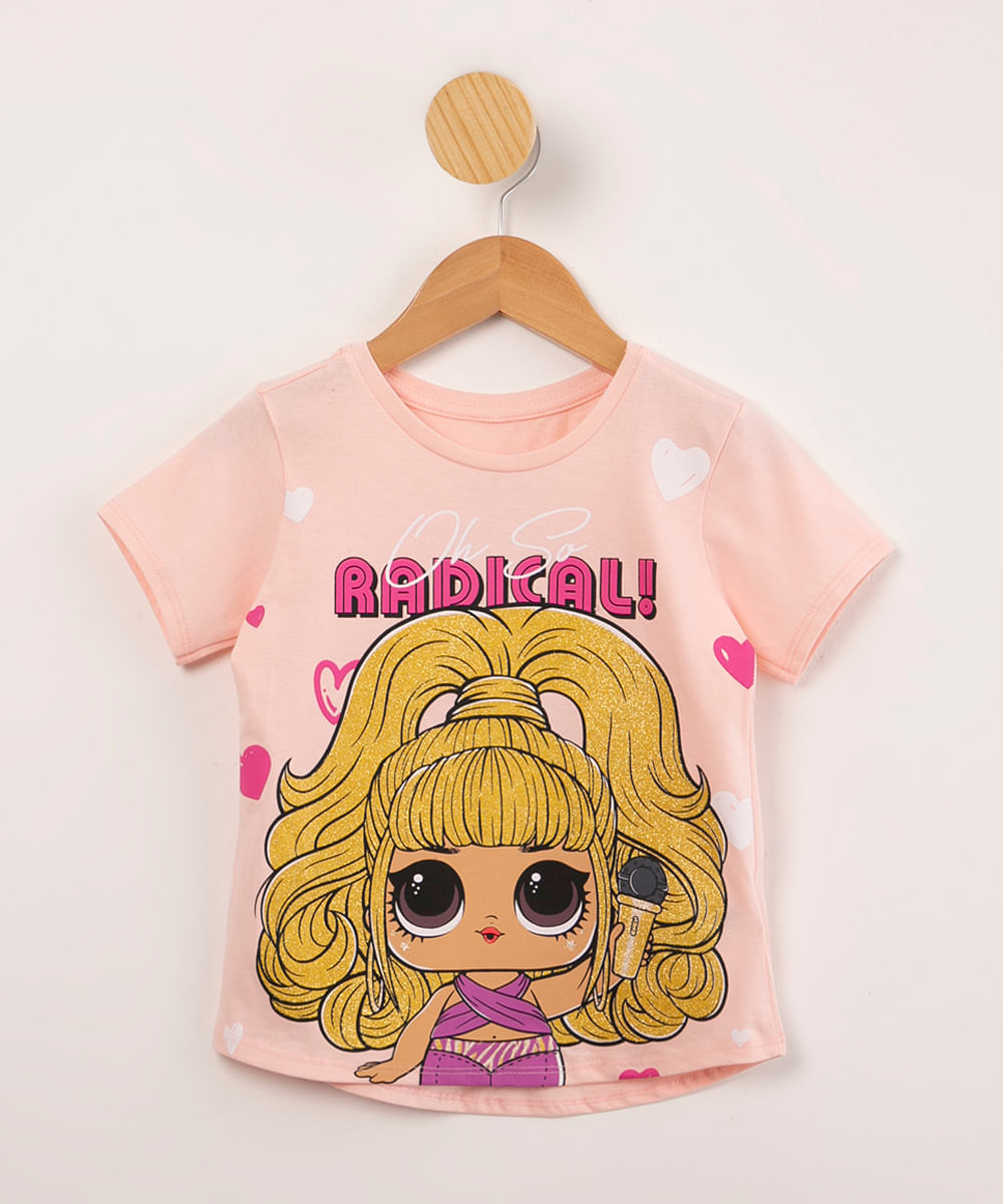 blusa infantil de algodão lol surprise "radical" com glitter manga curta rosa