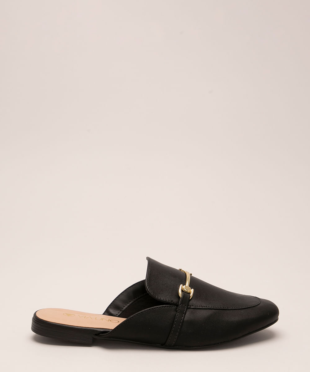 Mule Feminino Via Uno Bico Redondo com Fivela Preto