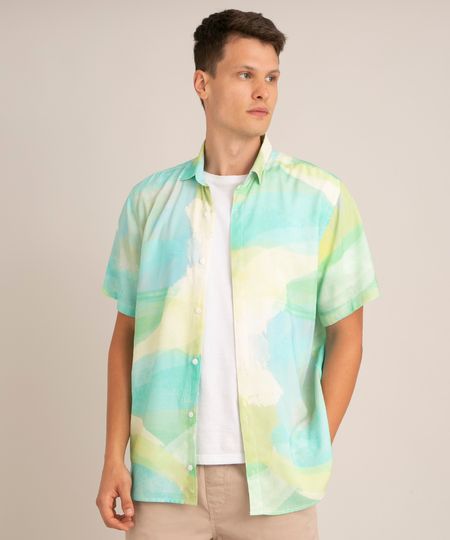 Camisa de Viscose Manga Curta Estampada Multicor