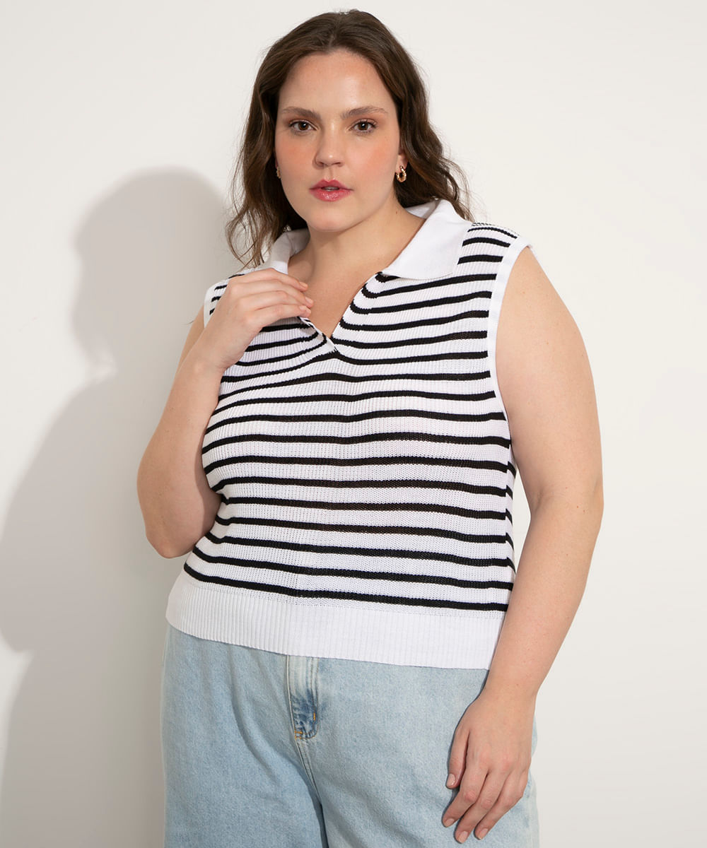 colete plus size de tricô listrado com gola polo mindset off white