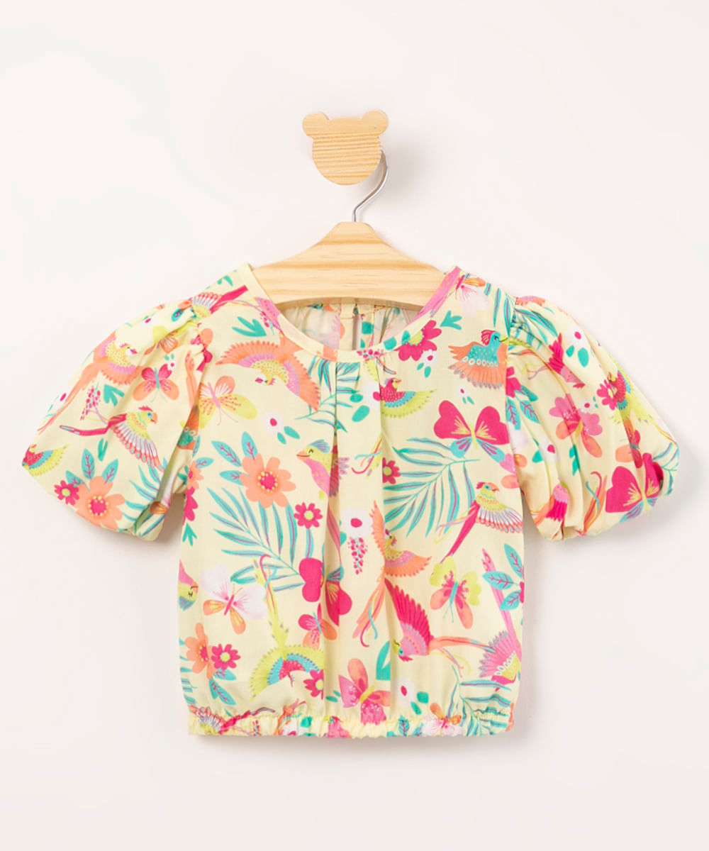 blusa infantil estampado pássaros coloridos amarelo