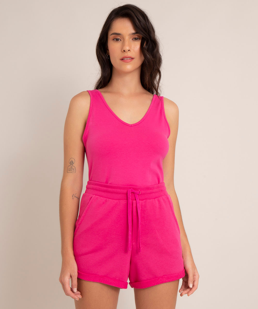 conjunto básico de regata decote v + short de moletinho pink