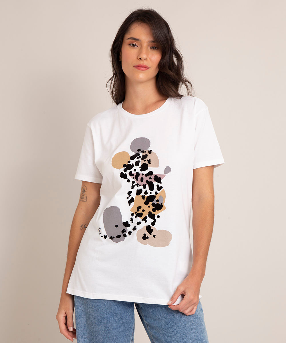 camiseta de algodão mickey flocado manga curta decote redondo off white