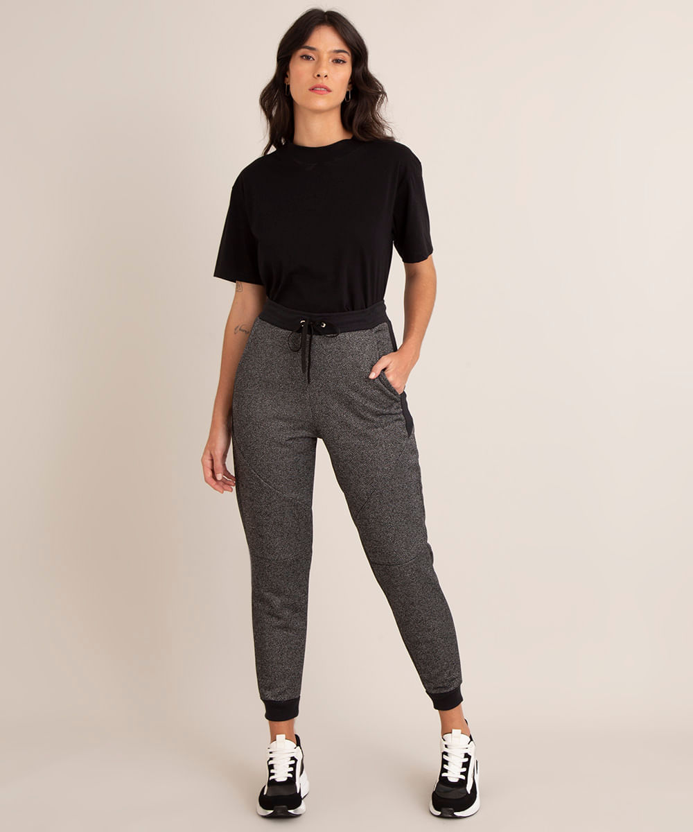 Calça Feminina Jogger em Moletom com Recortes Cinza Mescla Escuro