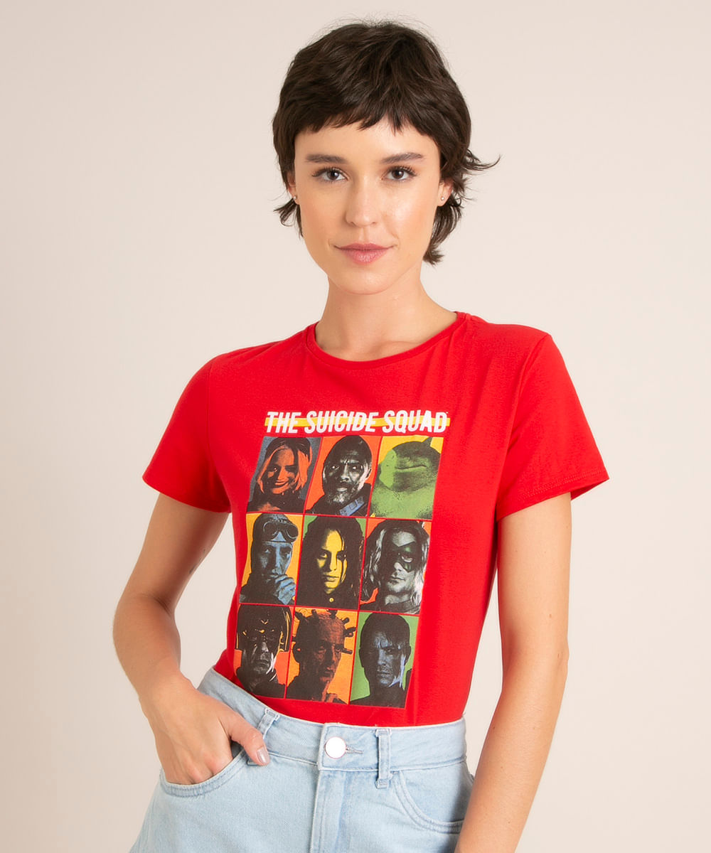 camiseta de algodão esquadrão suicida manga curta decote redondo vermelha