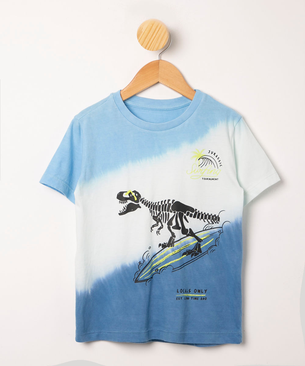 camiseta infantil de algodão tie dye dinossauro manga curta azul