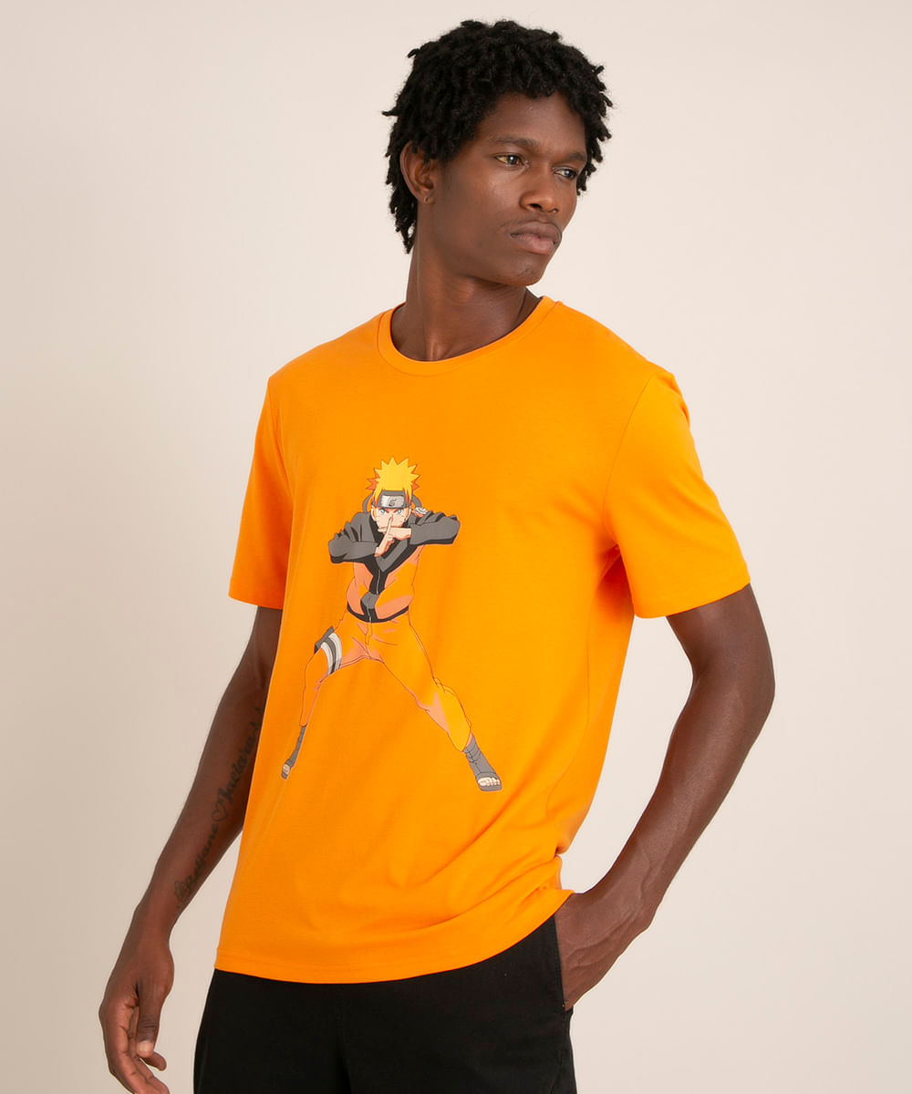 camiseta de algodão naruto manga curta gola careca laranja