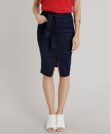 Saia-Jeans-Feminina-Lapis-com-Fenda-e-Faixa-de-Amarrar-Azul-Escuro-9347906-Azul_Escuro_1