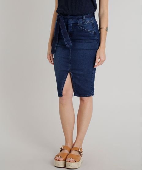 Saia-Jeans-Feminina-Lapis-com-Fenda-e-Faixa-de-Amarrar-Azul-Escuro-9326413-Azul_Escuro_1