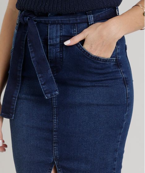 saia jeans lapis cintura alta