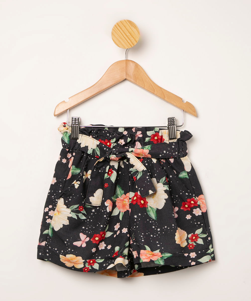 short clochard infantil estampado floral com cinto azul marinho