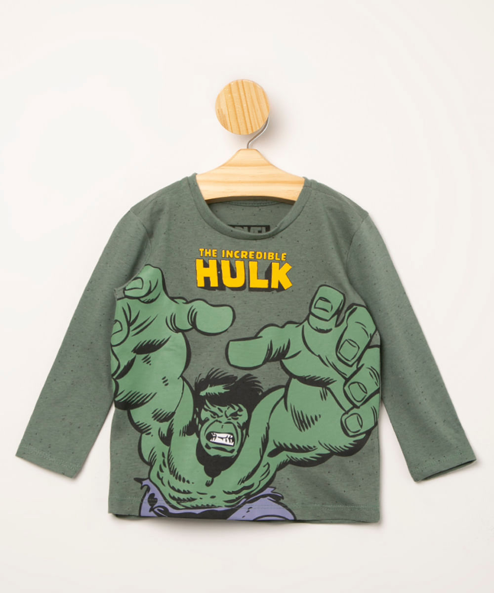 camiseta infantil de botonê manga longa estampada hulk verde militar