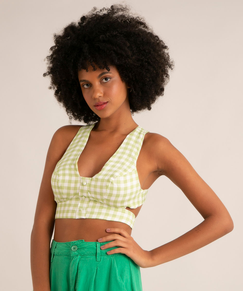 top cropped decote V amarração vichy verde