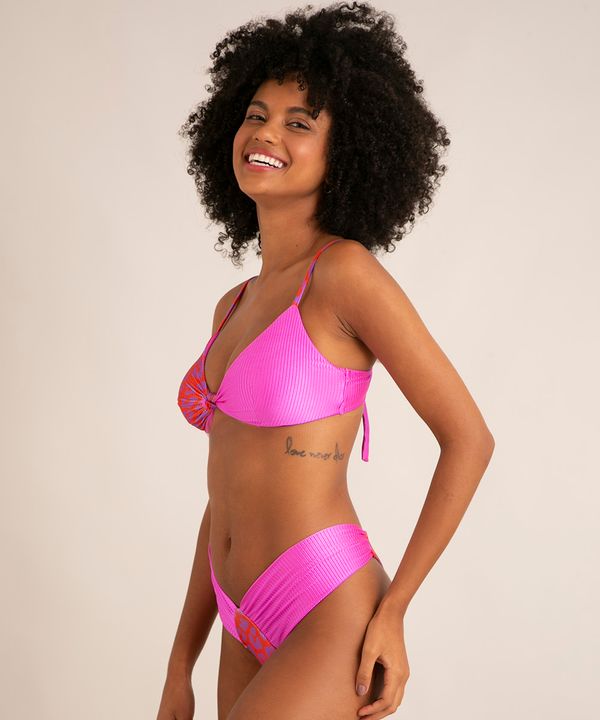 biquíni calcinha tanga com franzido estampado animal print de onça proteção uv50+ rosa GG