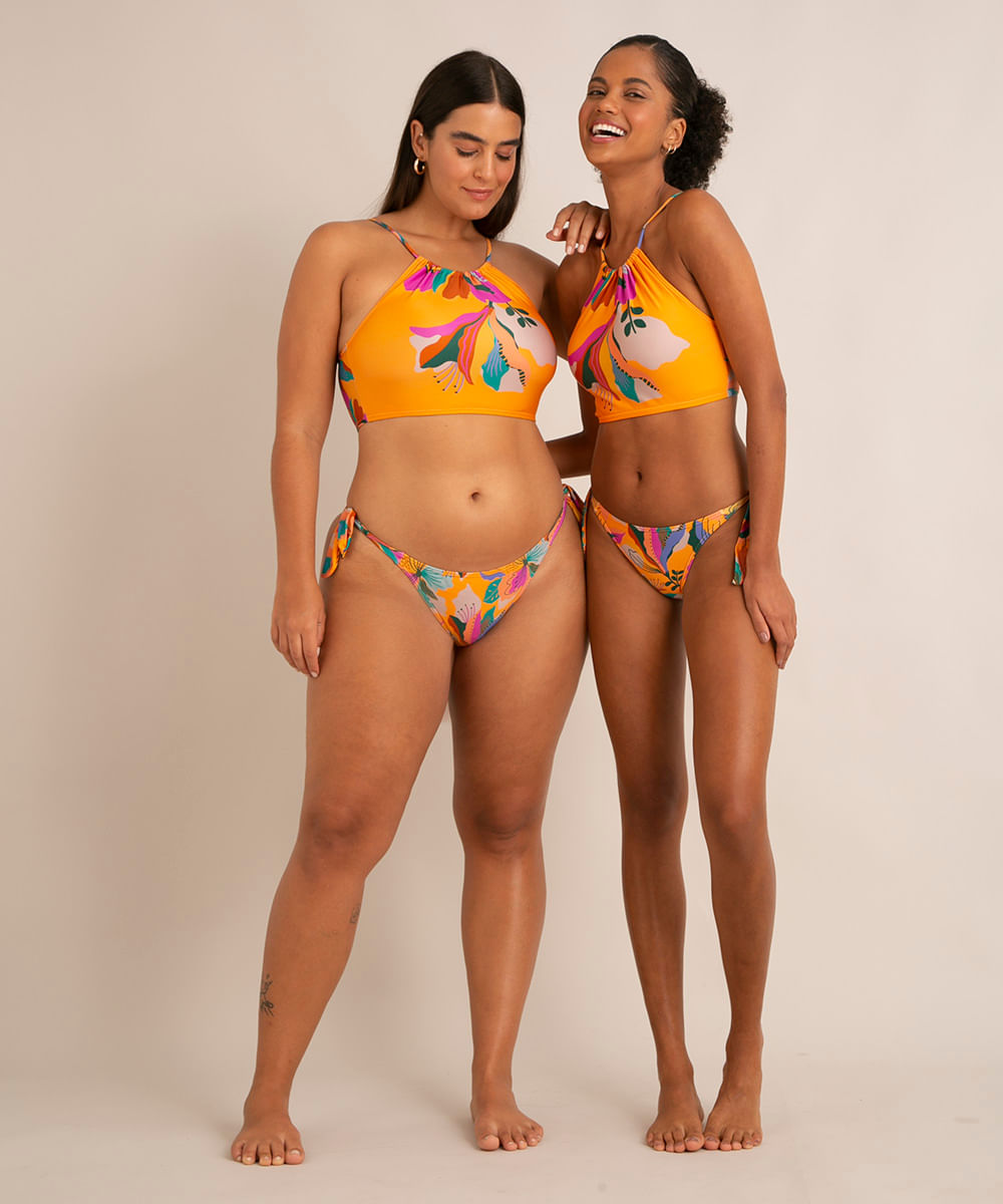 biquíni calcinha tanga lacinho estampado floral com proteção uv50+ laranja