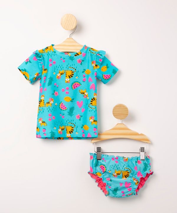 conjunto infantil de praia blusa estampada tigre manga curta + calcinha com babados proteção uv50+ azul 1