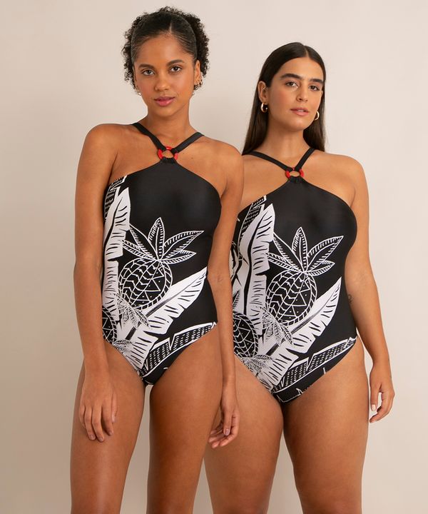 maiô halter neck com argola estampado folhagem com bojo proteção uv50+ preto GG