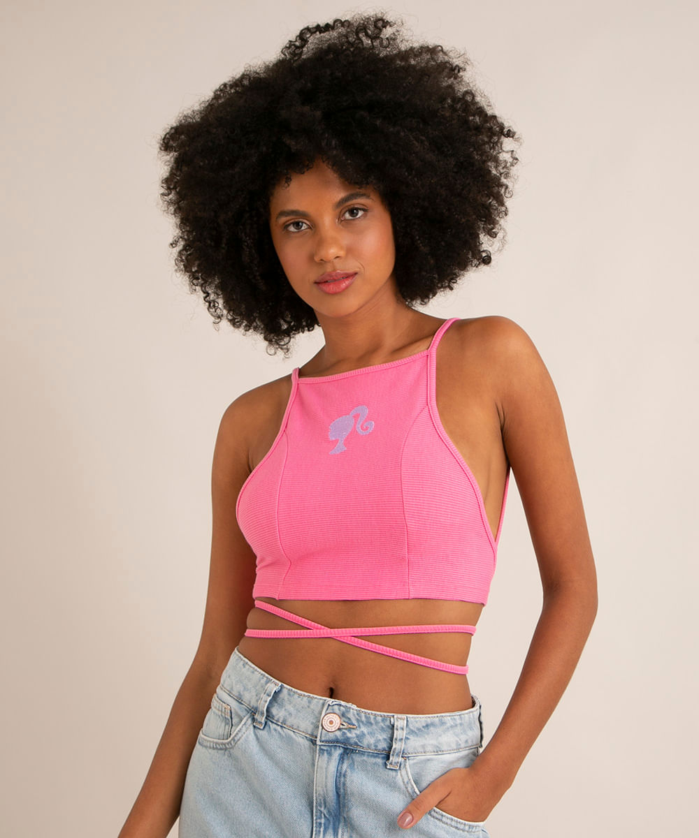 top cropped frente única canelado com bordado e amarração barbie rosa