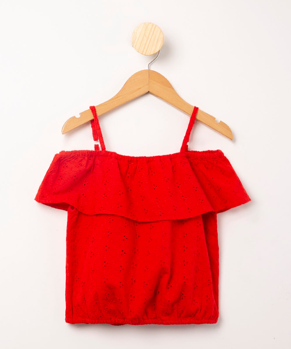 blusa infantil de laise com babado vermelha