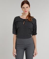 Blusa-Feminina-Estampada-de-Poa-com-Vivo-Manga-Curta-Decote-Redondo-Preta-9315190-Preto_1