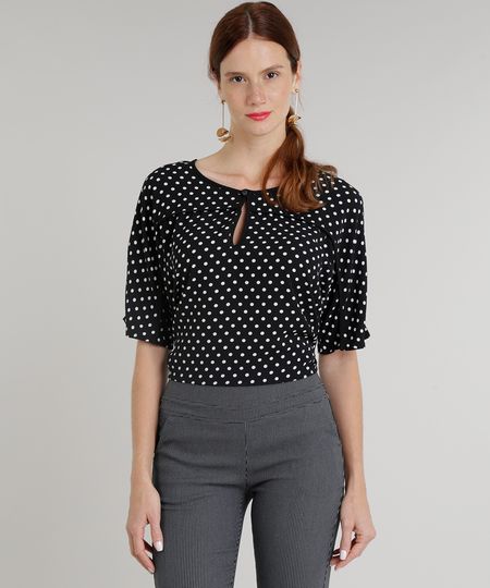 Blusa-Feminina-Estampada-de-Poa-com-Vivo-Manga-Curta-Decote-Redondo-Preta-9315190-Preto_1