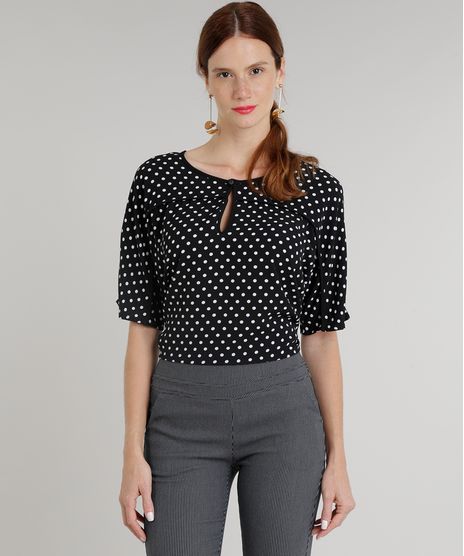Blusa-Feminina-Estampada-de-Poa-com-Vivo-Manga-Curta-Decote-Redondo-Preta-9315190-Preto_1