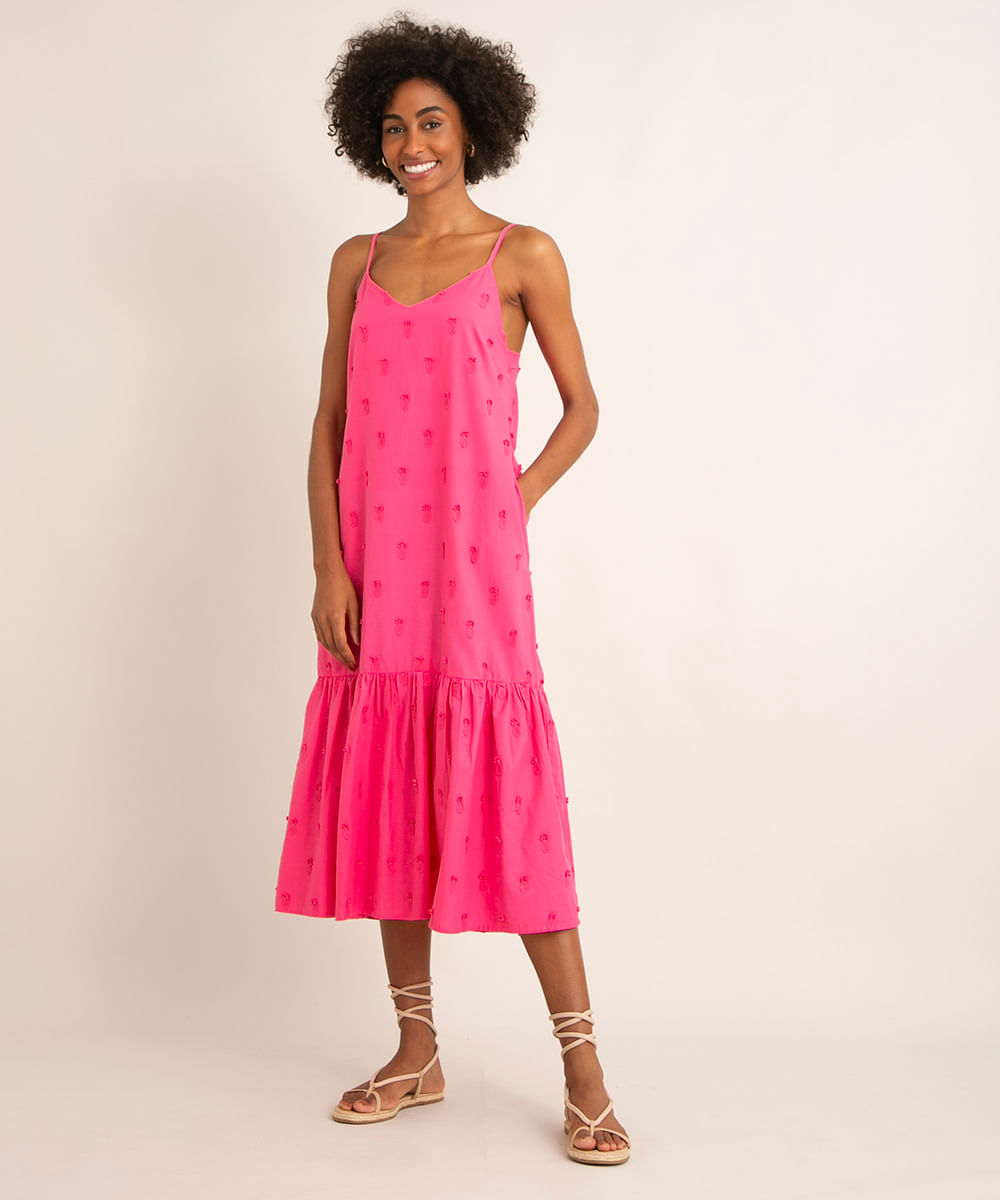 vestido midi de algodão abacaxis com recorte alça fina rosa